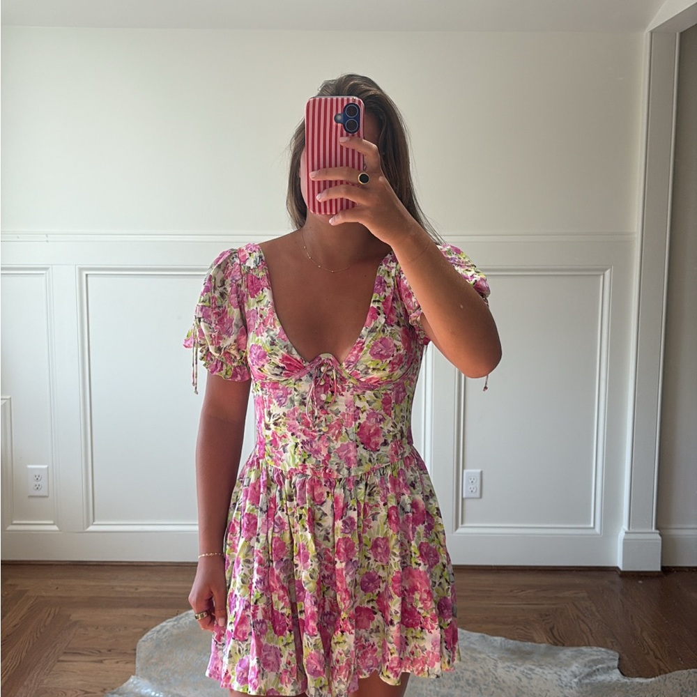 For Love And Lemons Pink and Orange Puff Sleeve Mini Dress